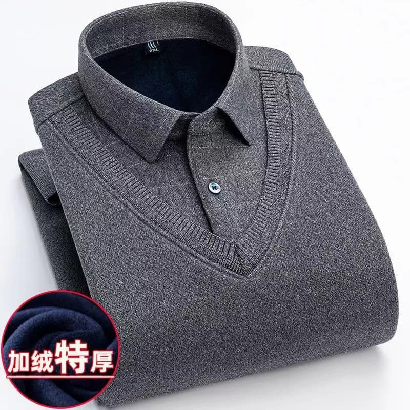 Men's long-sleeved shirt collar pullover sweater, fleece-lined and thickened faux two-piece style, suitable for autumn and winter. Casual and warm knitwear.
