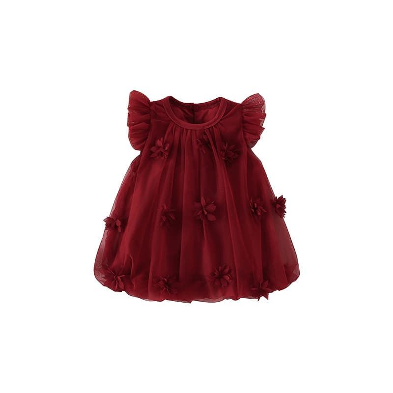 New Summer Girls' Dress Exquisite 3D Floral Baby First Birthday Gown Red Mesh Flutter Sleeve Princess Dress
