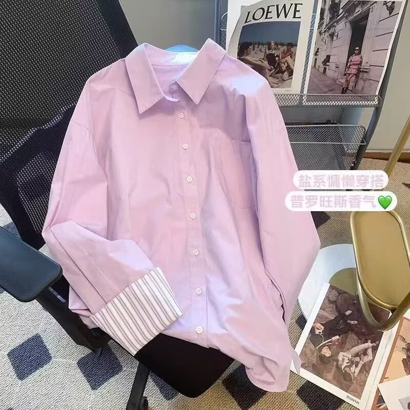 Purple Patchwork Striped Polo Collar Shirt for Women Spring 2025 New Loose Casual Long Sleeve Blouse Designer Niche Style