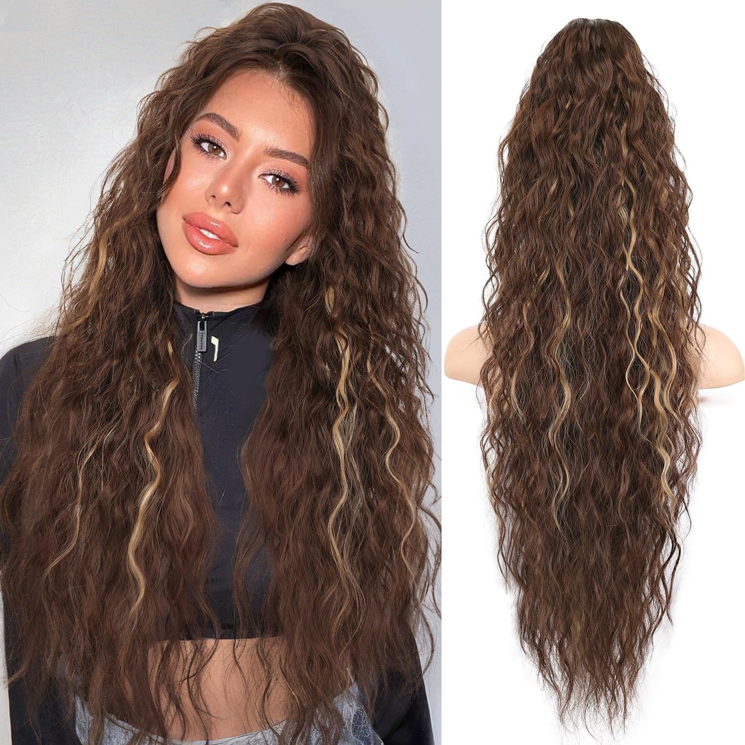 European and American Women's Wig Ponytail Water Wave Long Curly Fluffy Crimped Clip-in Ponytail 30 Inch Hair Extension