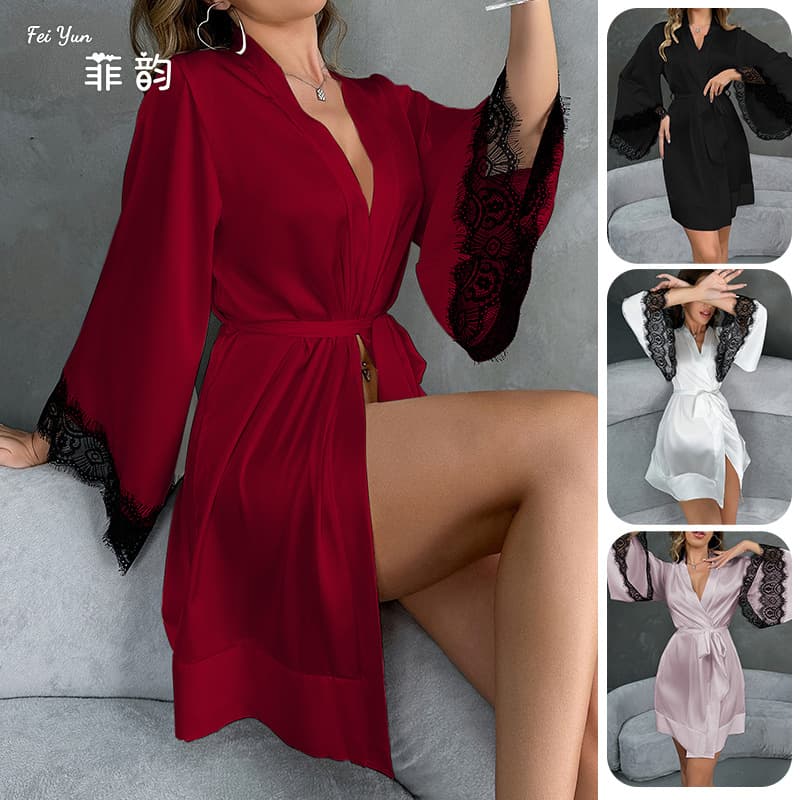 European and American Cross-border Temptation Sexy Pajamas Women Ice Silk Nightgown Bathrobe Long Sleeve Silk Lace Pajamas Home Clothes 735