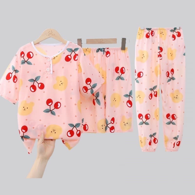 Children's cotton silk pajamas, boys' summer short-sleeved three-piece set, medium and large children's air-conditioned clothes, bloomers, boys' home clothes