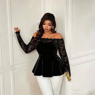 Cross-Border Women's Dress Wholesale Lace Patch Long Sleeve Top European and American Style Autumn Winter New Slim Fit One-Shoulder Long Sleeve T-Shirt