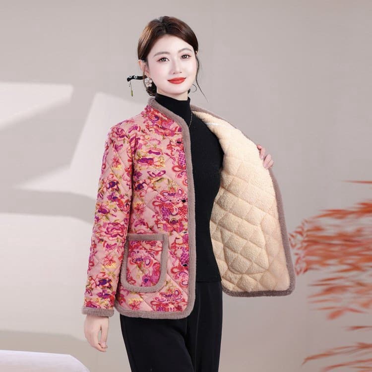Mom 2025 New Casual Chinese Style Fleece-Lined Cotton Jacket Thickened Cotton Coat Outerwear Middle-Age & Elderly Autumn/Winter Warm Floral Cotton Coat