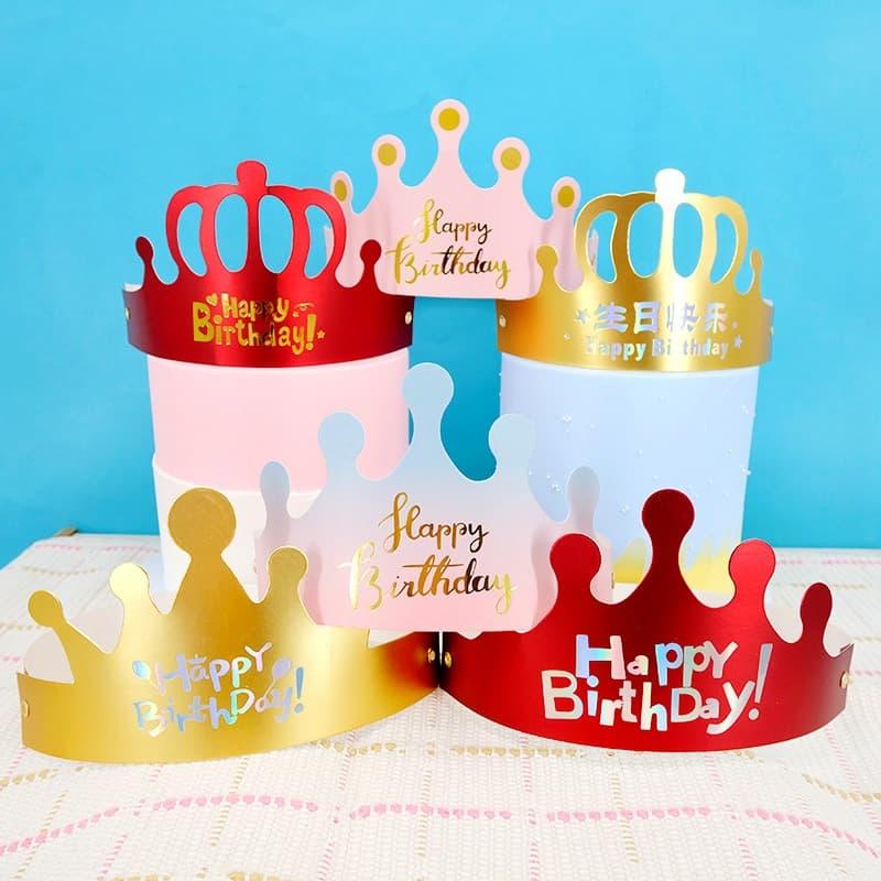 Wholesale laser gold foil folded birthday hats, viral caps for children's first birthday and adult crown party hats.