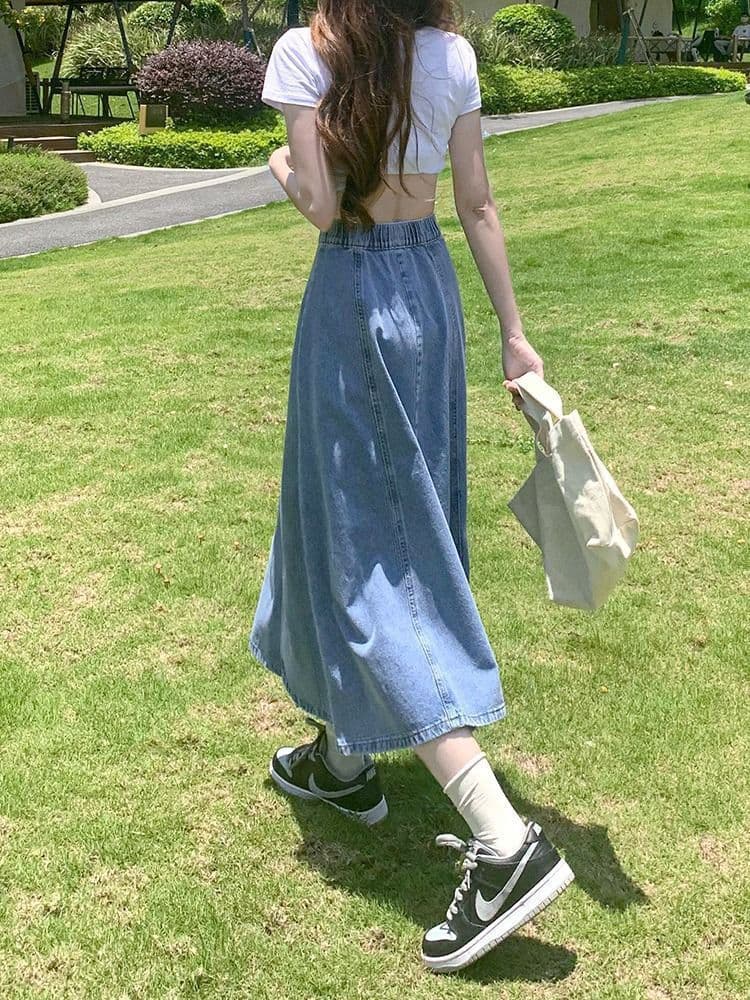 High-Waist Denim Skirt for Women 2025 Spring/Fall New Style Slimming Versatile Elastic Waist A-Line Midi Flared Skirt