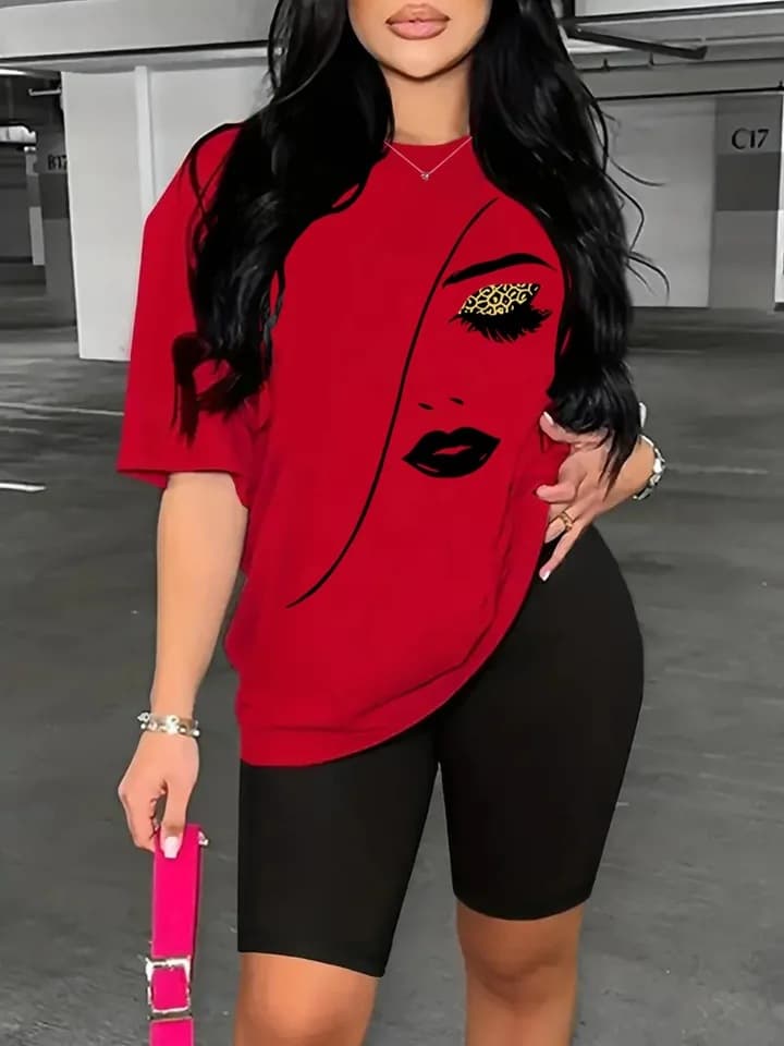 Plus Size 2 Piece Women's Sports Outfit Set - Crew Neck Short