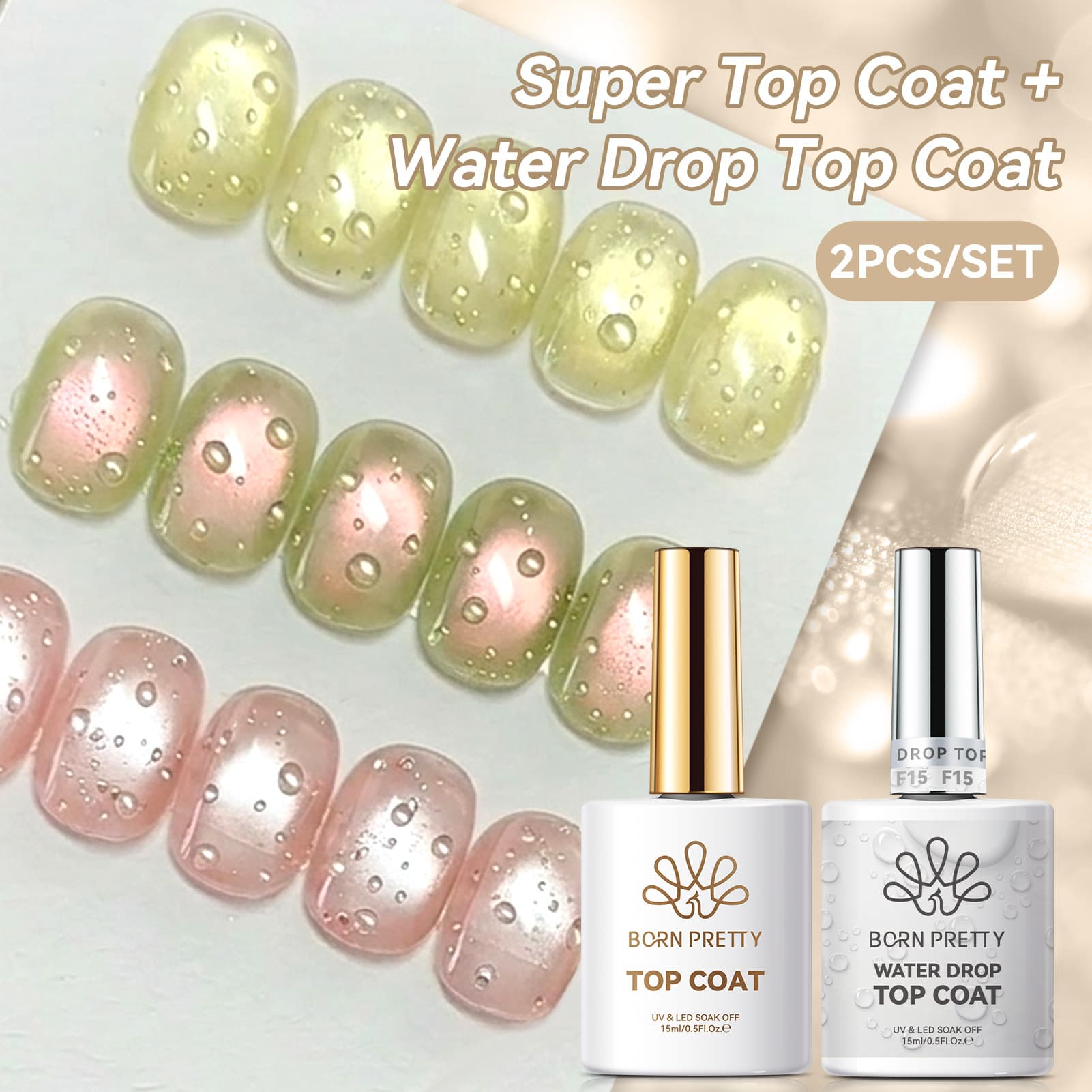 BORN PRETTY Best-selling 15ml 3D Water Drop Top Coat Set Summer Fruit Guava Bubble Gel Nail Polish