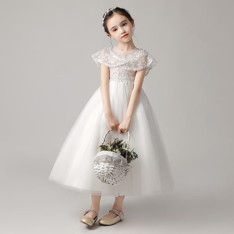 Little Girl Princess Dress, White Tulle Flower Girl Wedding Dress, Puffy Tulle Children's Evening Gown, Catwalk Piano Performance Outfit