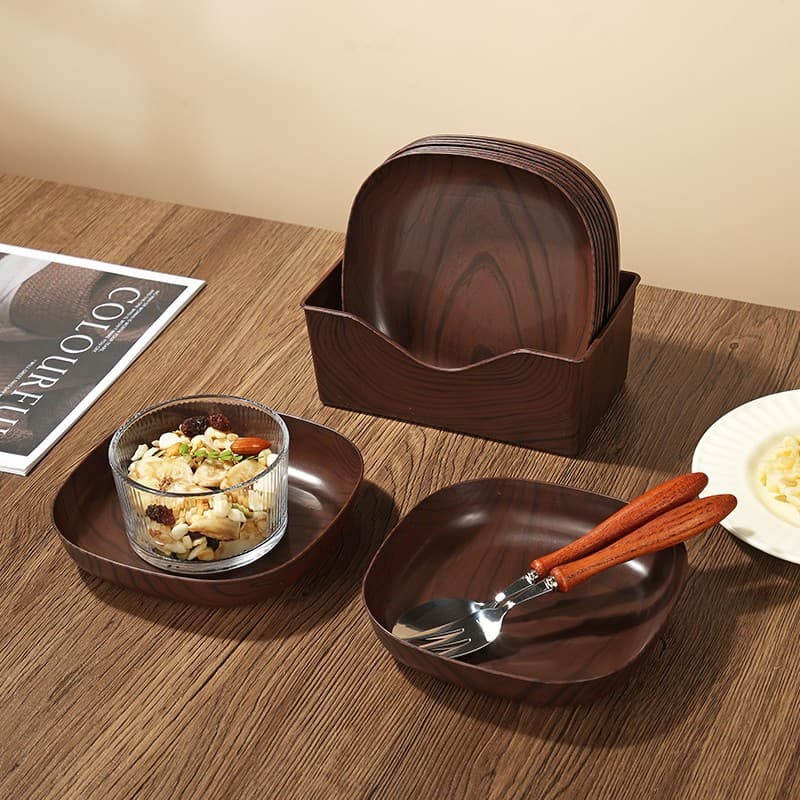 Wood Grain Imitation Plastic Bone Dish for Home and Commercial Use, Suitable for Dim Sum and Nuts