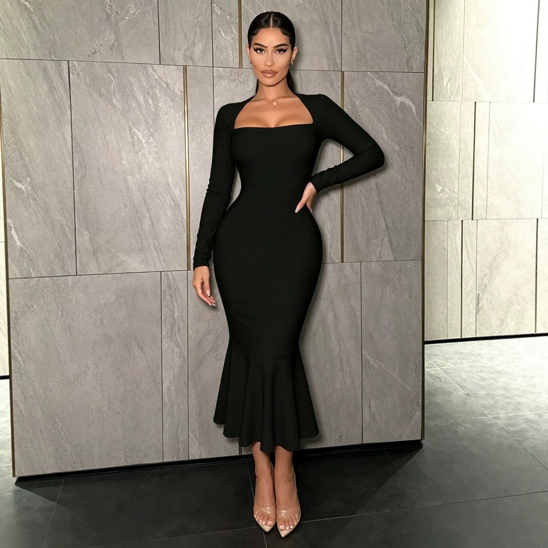 European and American Style Square Neck Long Sleeve Black Dress for Women Autumn Winter Slim Fit Bodycon Mermaid Hem Elegant Midi Formal Dress