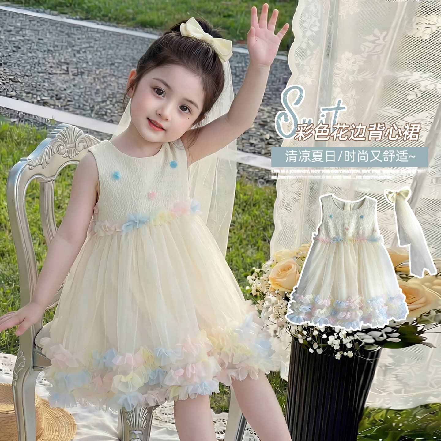 Girls Sweet Lace Vest Princess Dress Summer 2026 Style Baby Fashionable Colorful Cute Mesh Tulle Dress