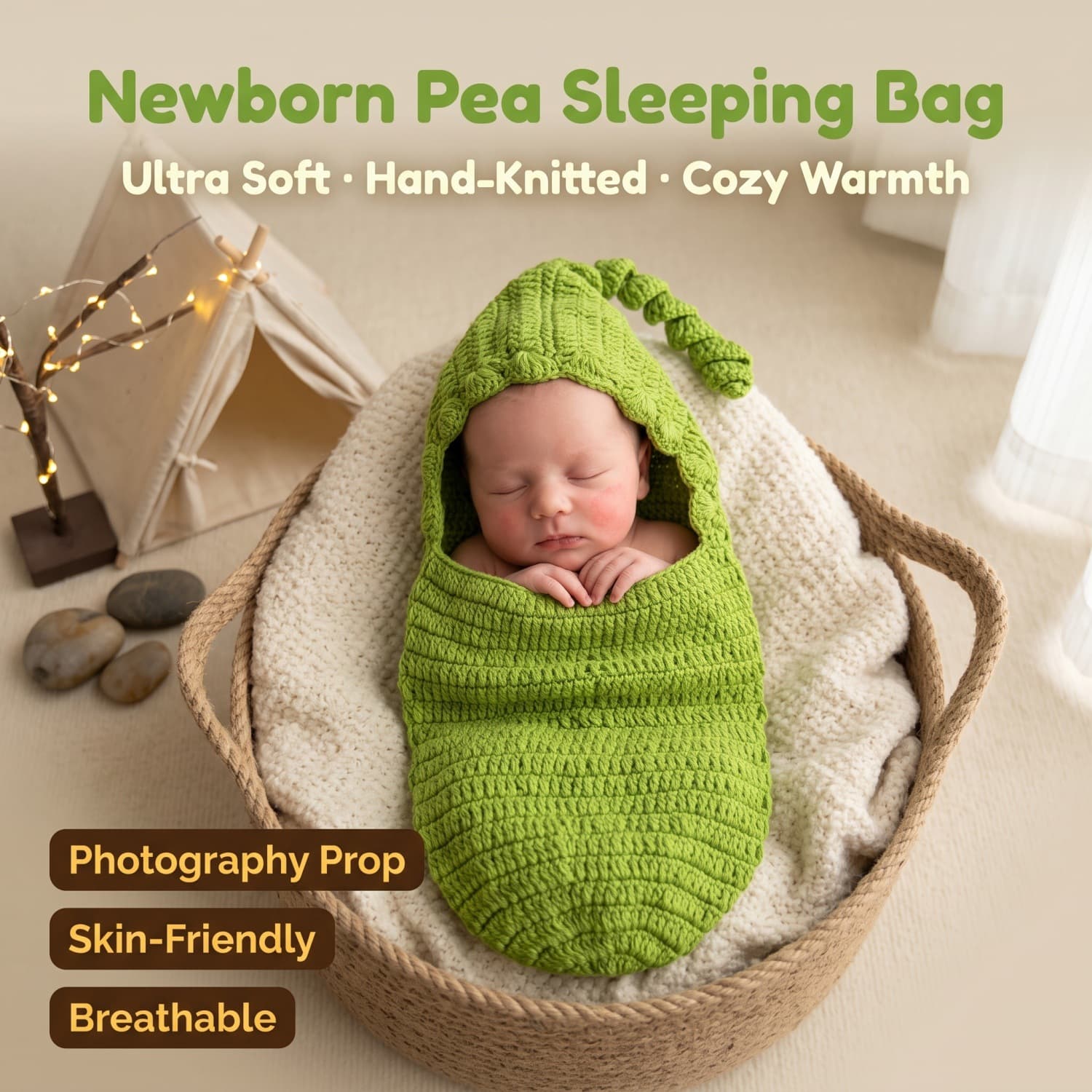 Cross-border newborn photography hand-knitted pea photo prop sleeping bag green bean baby sleeping bag