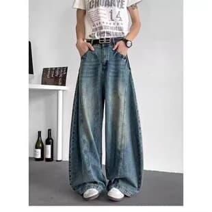American High Street Wide Leg Jeans for Men Streetwear Loose Straight Casual Long Pants Washed Vintage Curved Knife Pants