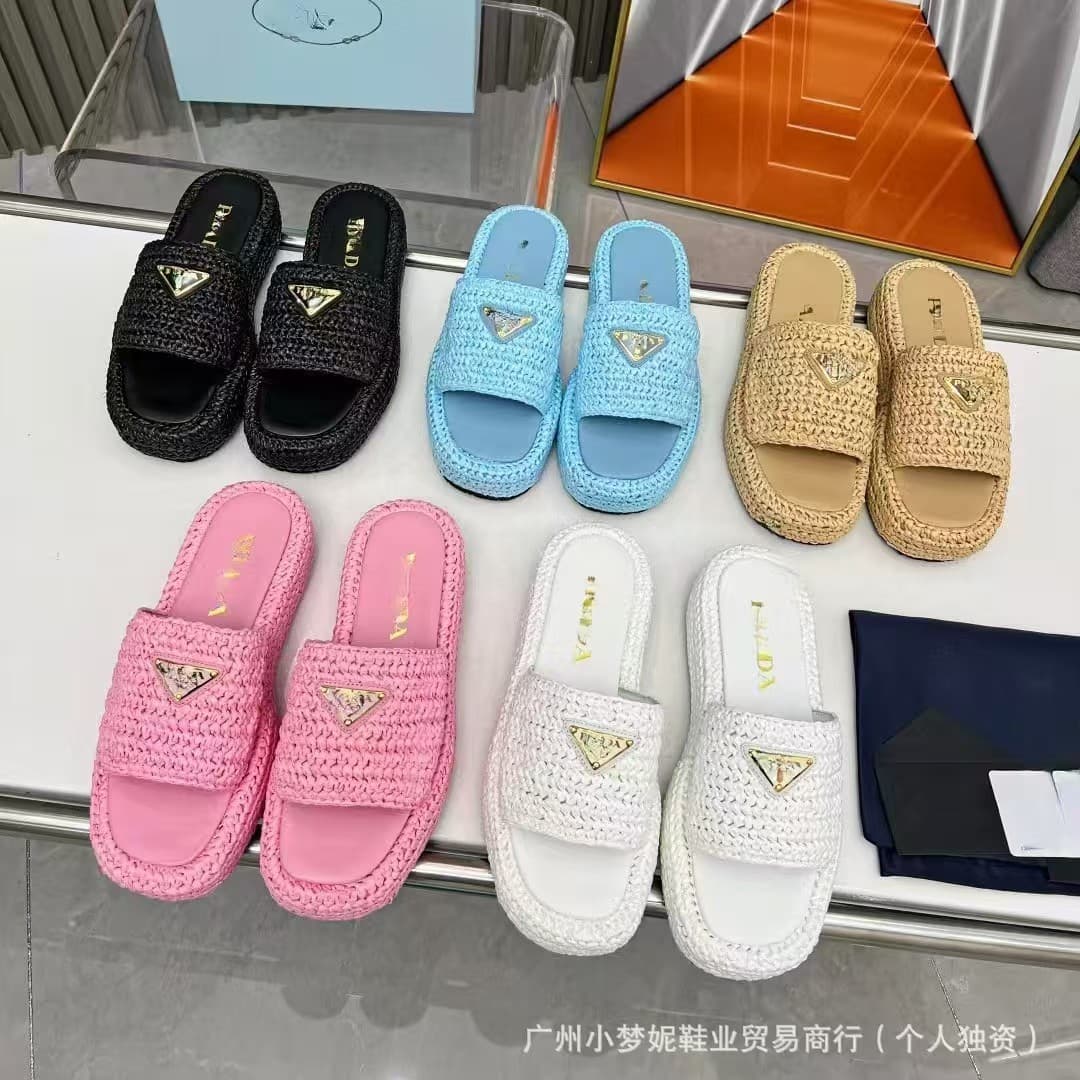 2024 Summer New Style Thick Sole Woven One-Strap Sandals, Straw Woven Platform Heightening Casual Genuine Leather Women's Sandals