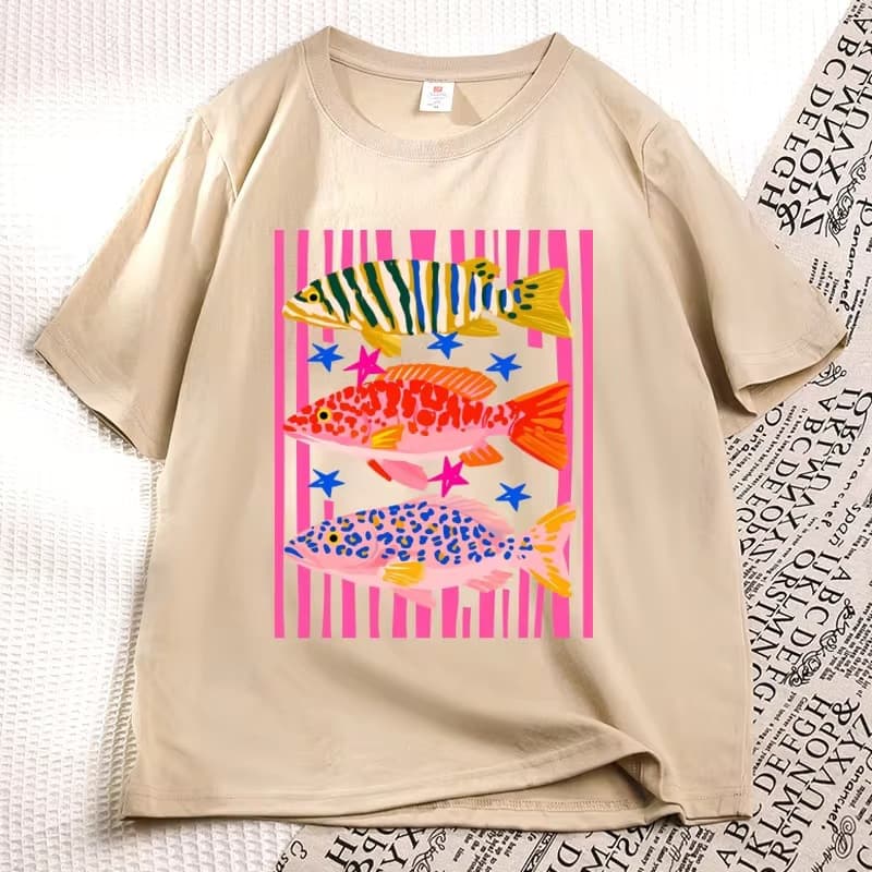 College Fish Print T-Shirt Women Fishing T-Shirt Summer Vacation Funny Beach T-Shirt Casual Cotton Crew Neck Women's Black