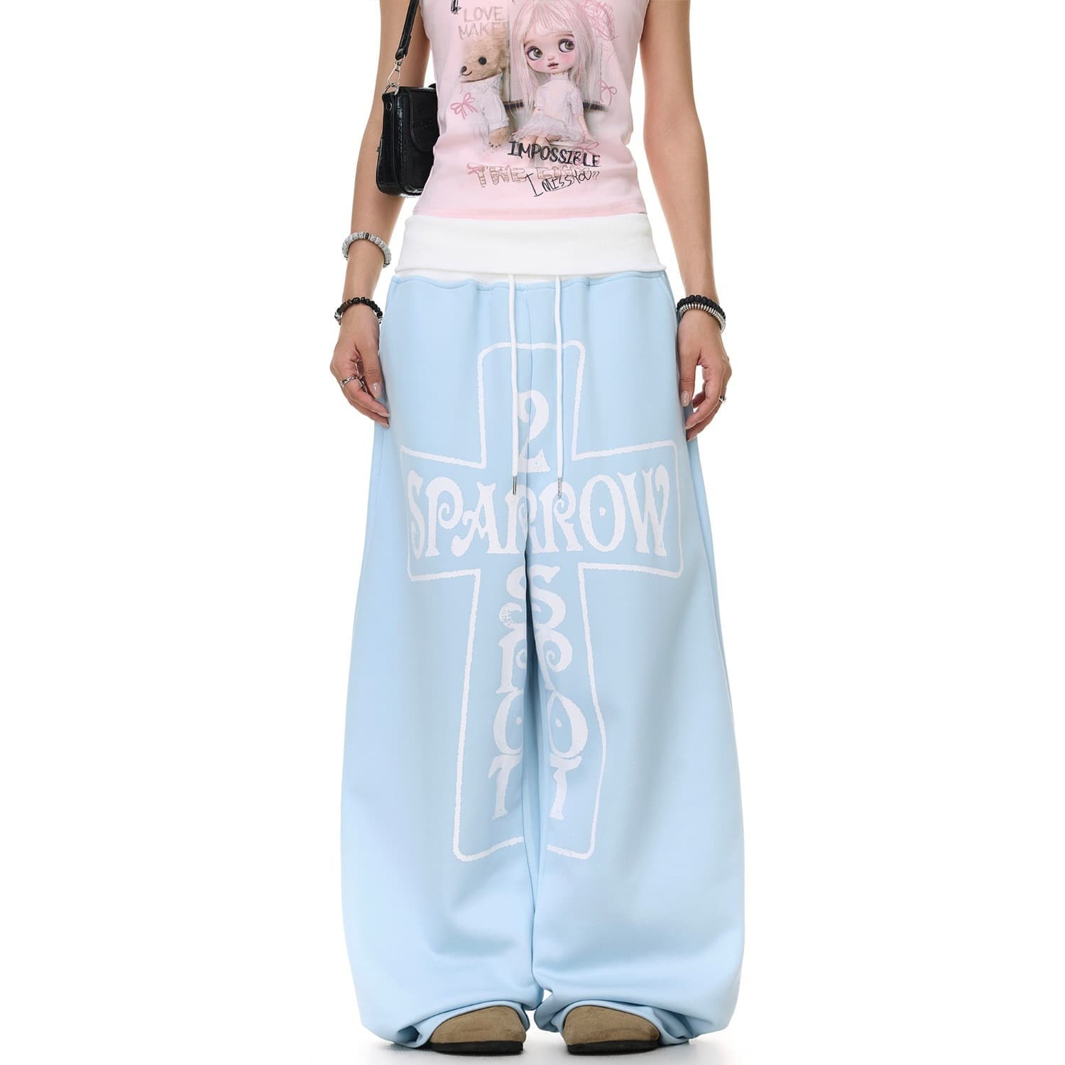 American style lazy cross letter print spliced waist casual pants summer loose wide leg design sweatpants trendy