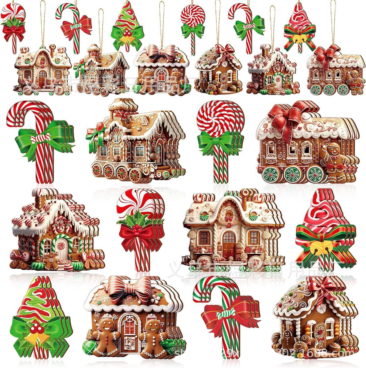Christmas Set Ornaments, Christmas Candy Lollipops, Gingerbread House, Flat Train, Donut Cake Wooden Decorations