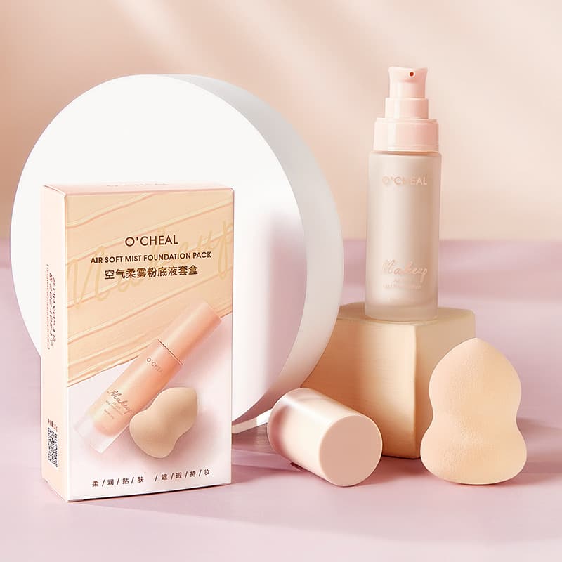 O'Qianya Cross-border Foundation Set, Long-lasting Concealer, Waterproof, Sweat-proof, Oil-control, Non-smudging Foundation Cream with Beauty Sponge