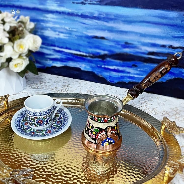 Turkish handmade fine carved gold coffee pot with hand-painted decoration for home brewing