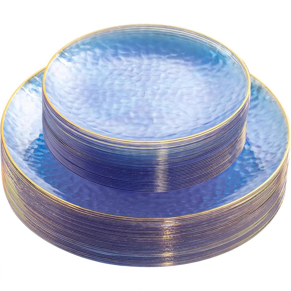Blue gold rim satin plate, transparent pink gold plate, hammered plate, transparent green gold rim PS plastic plate, cup, knife, fork, spoon