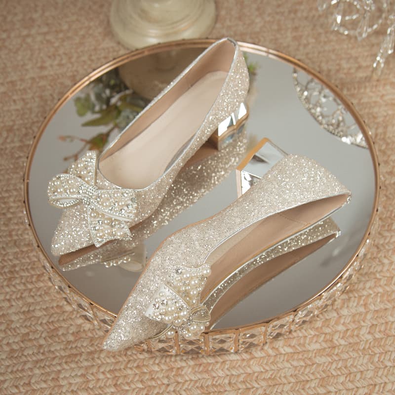 Flat Chunky Heel High Heels Wedding Shoes Bride Shoes Main Wedding Dress Two-Wear Crystal Heels Medium Heels Comfortable for Pregnant Women