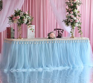 Amazon Mesh Table Skirt for Birthday Party, Halloween Dessert Table, European and American Colorful Mesh Pleated Table Skirt with Table Runner