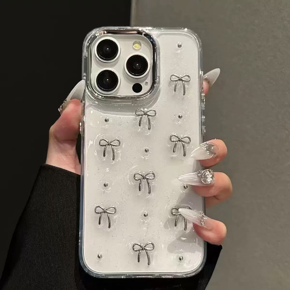 Epoxy Clear Ins Style Glitter Phone Case for Apple 17 Pro Max, iPhone 16/15 Pro Bow