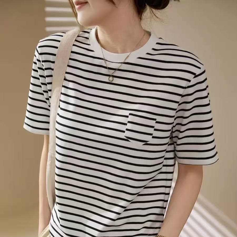 Pure cotton striped T-shirt women's summer 2026 new high-end round neck curved loose straight casual short-sleeved top