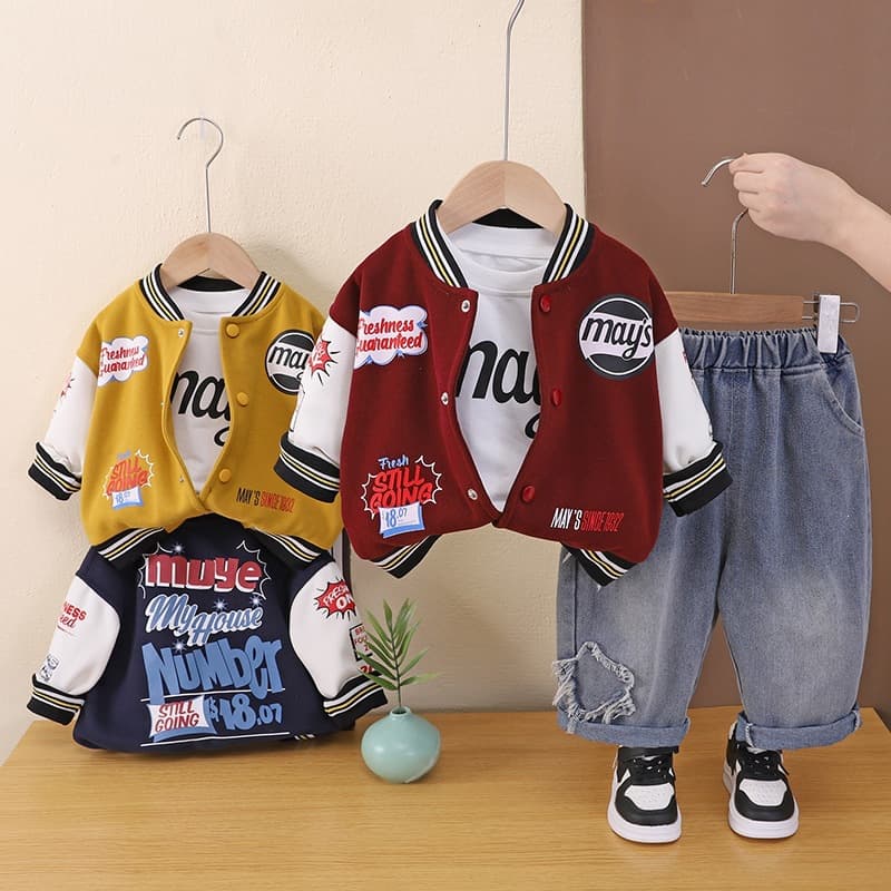 Boys Autumn Outfit Set 2026 New Fashionable Baby Kids Clothing Letter Baseball Jacket Three-Piece Set