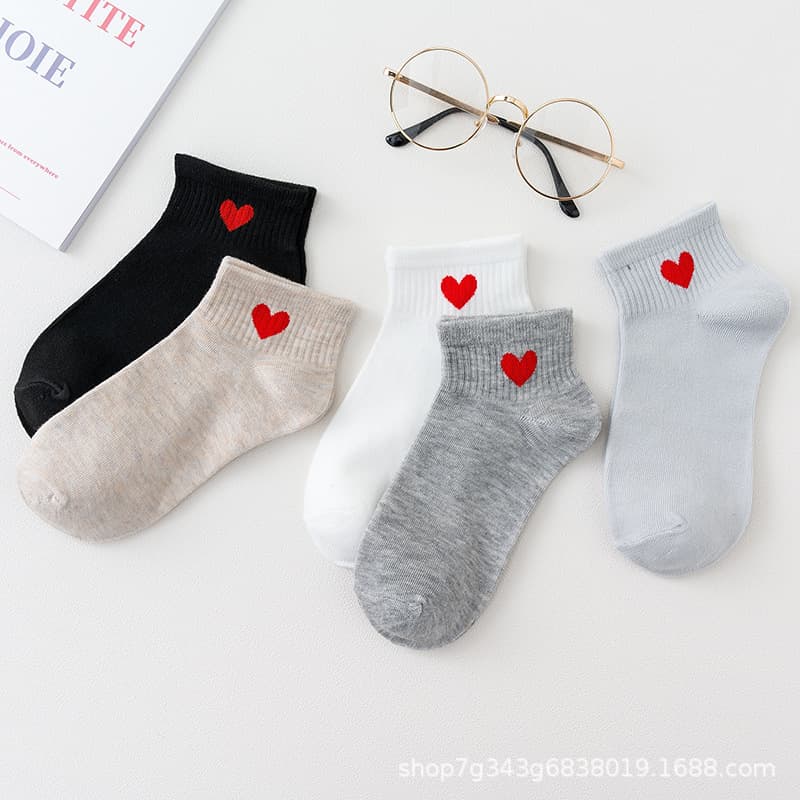 Women's Short Ankle Socks Summer Thin Solid Red Love Socks Trendy Japanese Low-Cut Women's Boat Socks Manufacturer Wholesale