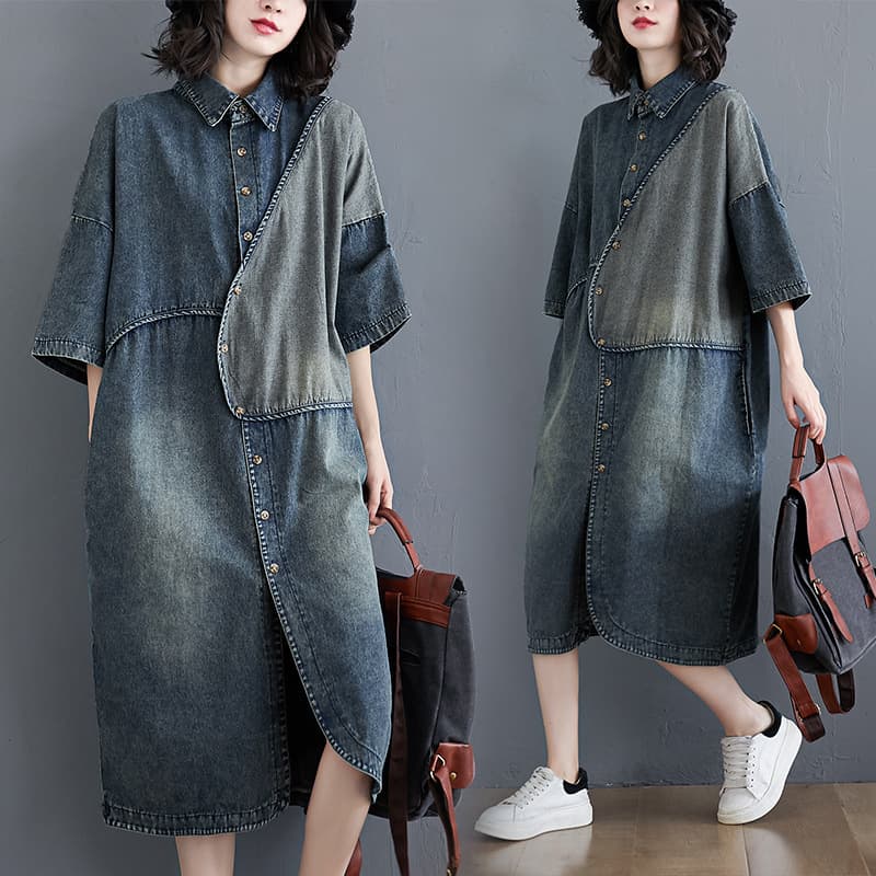 Vintage Retro Mid-Length Denim Dress for Women 2025 New Single-Breasted Patchwork Plus Size Coat