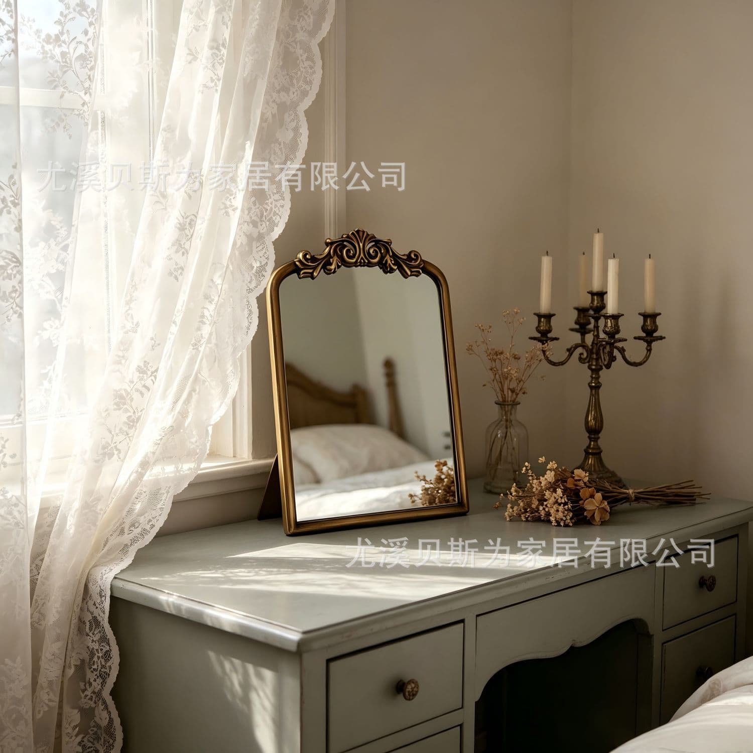 French Vintage Carved Arched Vanity Mirror, Tabletop and Wall-Mounted Dual-Use Bronze Iron Dressing Mirror