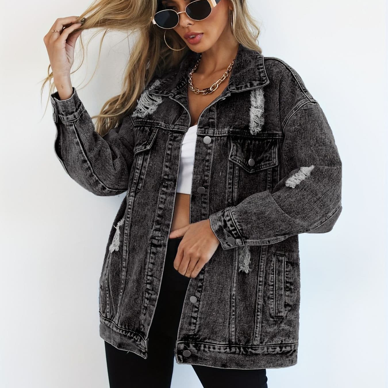 European code cross-border exclusive TEMUTk Amazon AliExpress distressed black and gray hole Harajuku European and American style denim jacket