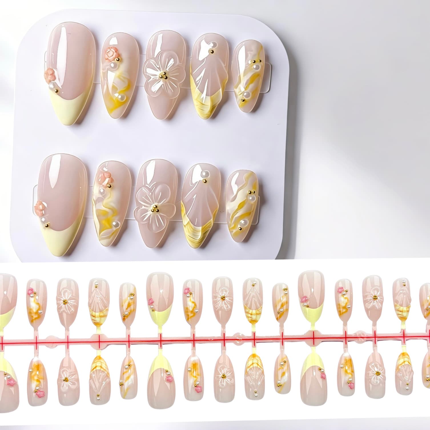 Almond Yellow French Shell Wearable Nails 3D Small Flower Hailey Nail Tips Ambiance European and American Hot Girl