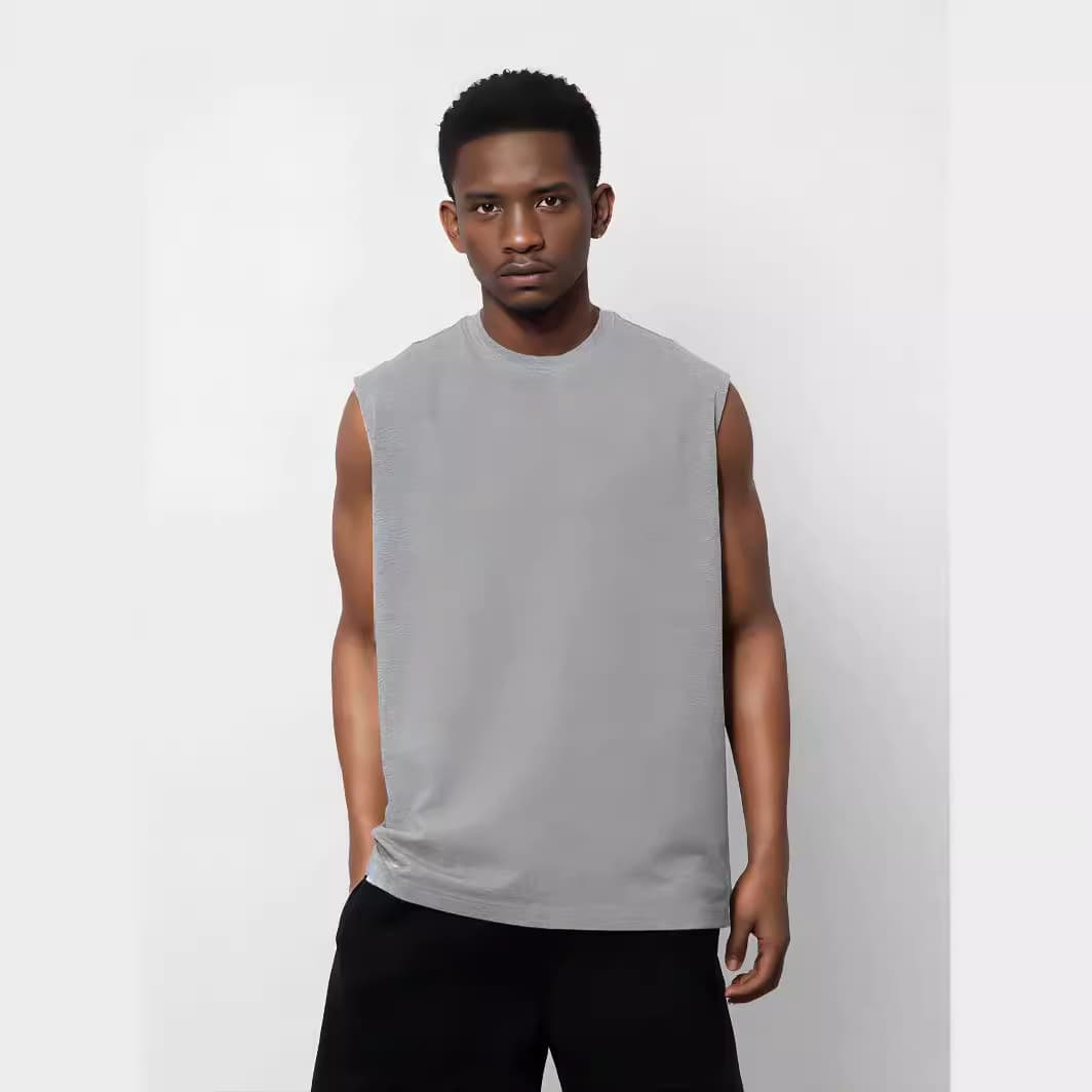 Heavyweight, opaque, 300g round neck, washed pure cotton basic vest for men, summer loose casual sleeveless t-shirt