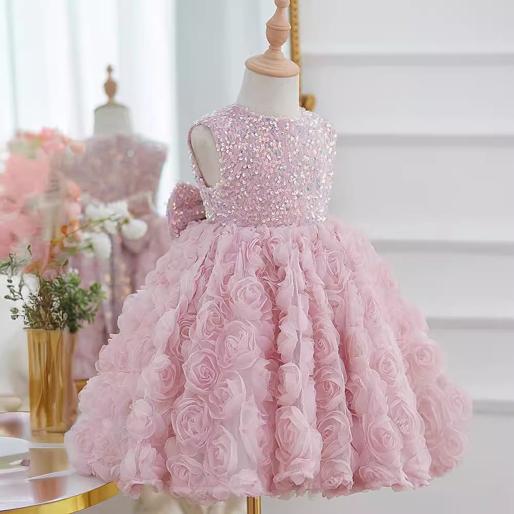 Sleeveless Rose Princess Dress 2026 New Birthday Sequins Children's Pink Tutu Party Dress Summer