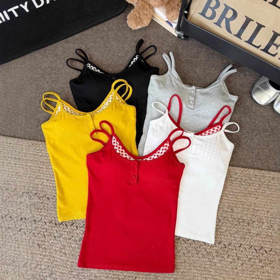 Summer Dopamine Two-Tone Plaid Button Camisole with Built-in Bra, Sleeveless Top for Fashionable Look