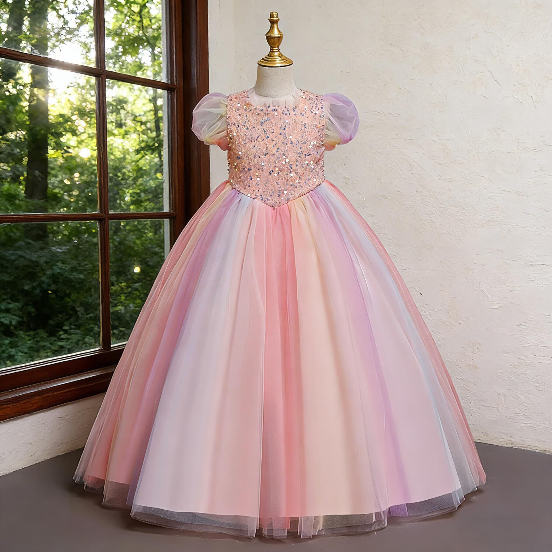 Amazon Girls Dress Colorful Mesh Tulle Long Dress Sequins Children's Skirt Girl Piano Host Performance Costume