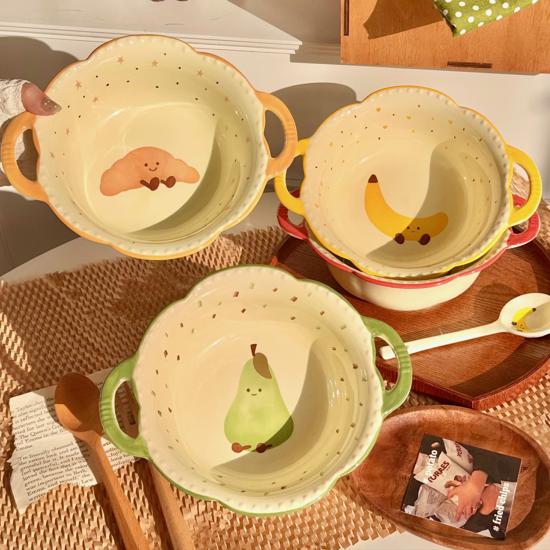 Fruit Croissant Large Double-Handle Soup Bowl for Home 2025 New High-Appearance Ceramic Instant Noodle Bowl Cute Large Bowl Soup Basin