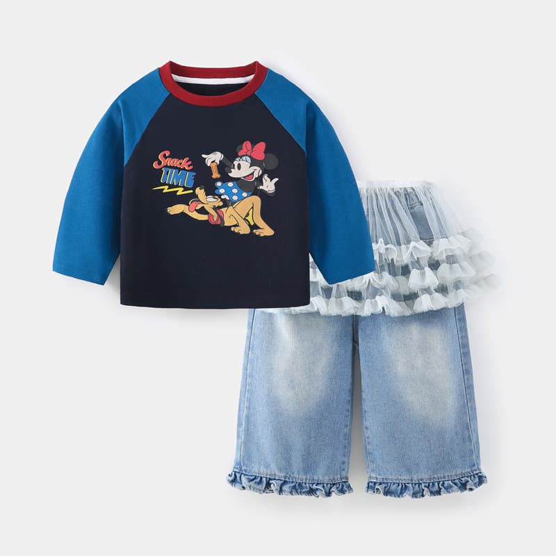 New Spring/Autumn Girls' Trendy Long-Sleeve T-Shirt with Mesh Skirt, Casual Denim Pants Set