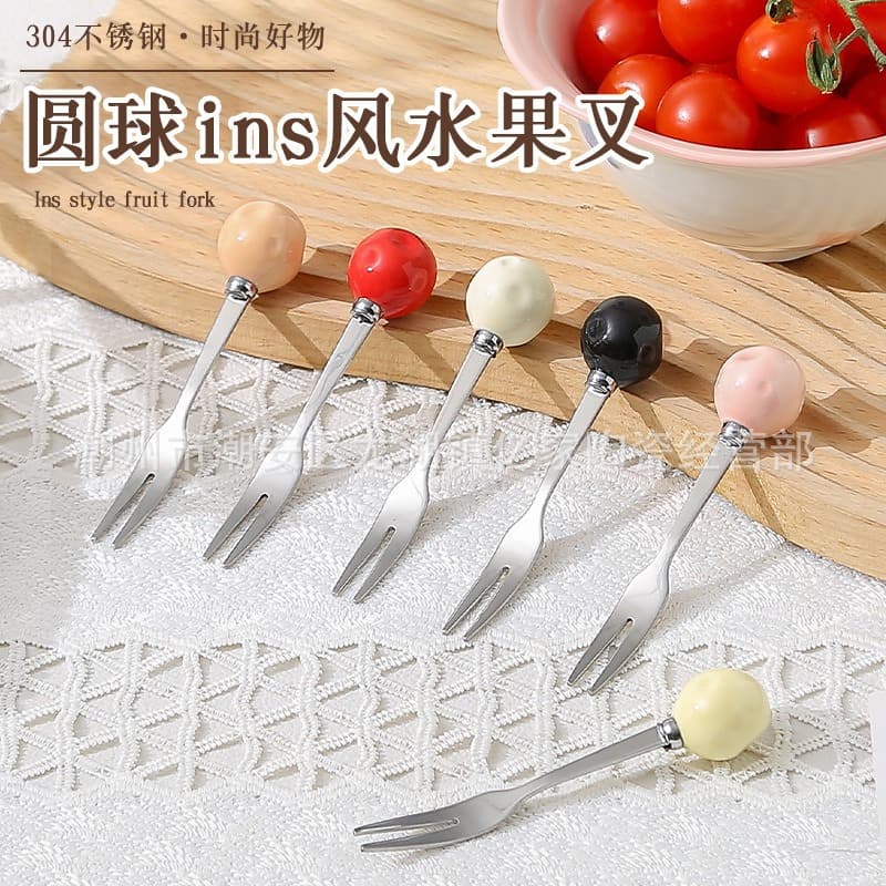 Creative Cheese Dopamine Ceramic Handle Two-Prong Fruit Fork, Cute Children's Fruit Pick Set, Household Stainless Steel Dessert