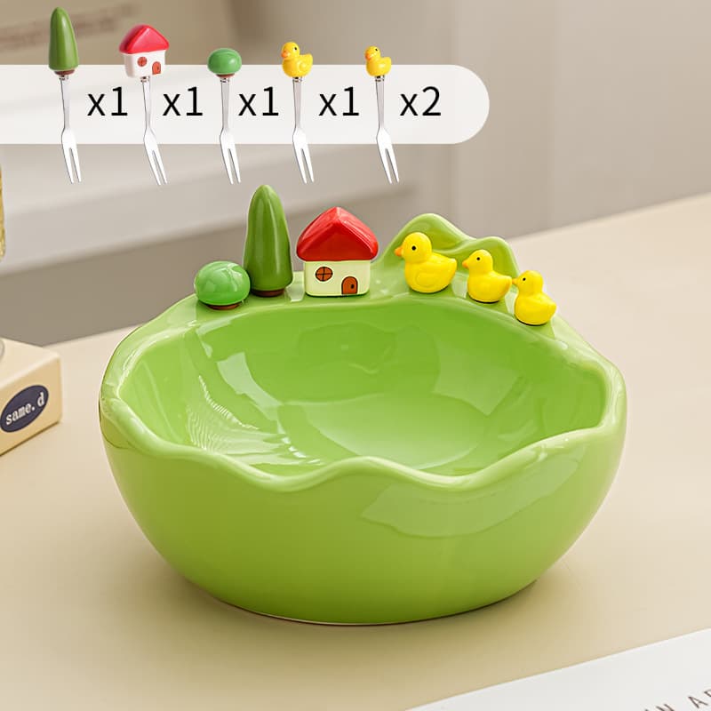 Cute Ceramic Fruit Bowl with Small Forks, Home 304 Stainless Steel Fruit Fork Set, Living Room Cream Style Snack Fruit Bowl