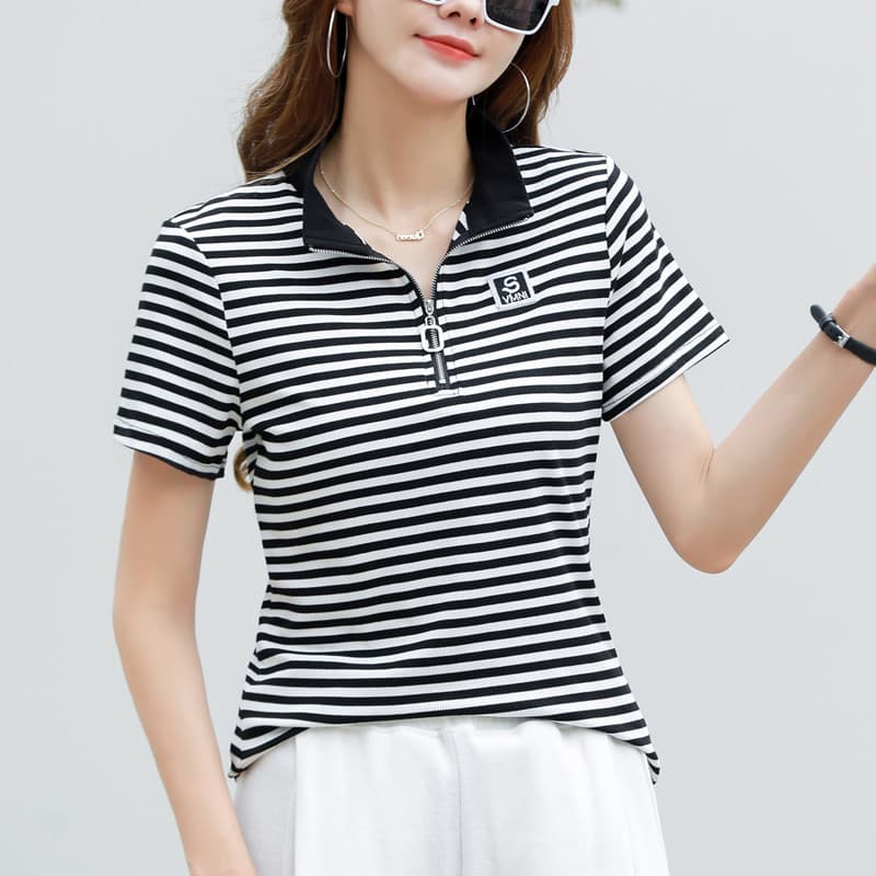 360 Half Chain Stripe Short Sleeve T-Shirt Women 2025 Summer New Fashion High-End Casual Polo Shirt Women's Top