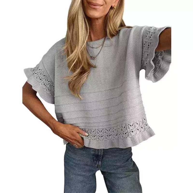 Amazon US/EU Cross-Border Women's New Sweater Short-Sleeve Knit Top Round Neck Ruffle Hem Pullover