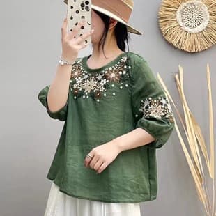 Heavy Embroidery Ramie Seven-Sleeve T-Shirt Top Women Summer Loose Slim Cotton Linen Round Neck Pullover Blouse