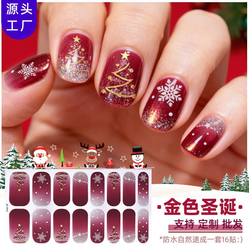 Zhengxiang Cross-Border New 16-Finger Christmas Nail Stickers Hot Stamping European and American Temu Hot-Selling Snowflake Nail Polish Film Nail Stickers