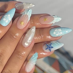 Blue Starfish Press-On Nails, Handmade 3D Nail Art Stickers, High-End Feel False Nails, Ready-to-Wear Nail