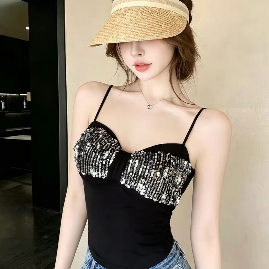 Korean-style Light Mature Sequin Spliced Cami Top for Women 2026 Summer Slim Fit Sexy Vibe Top