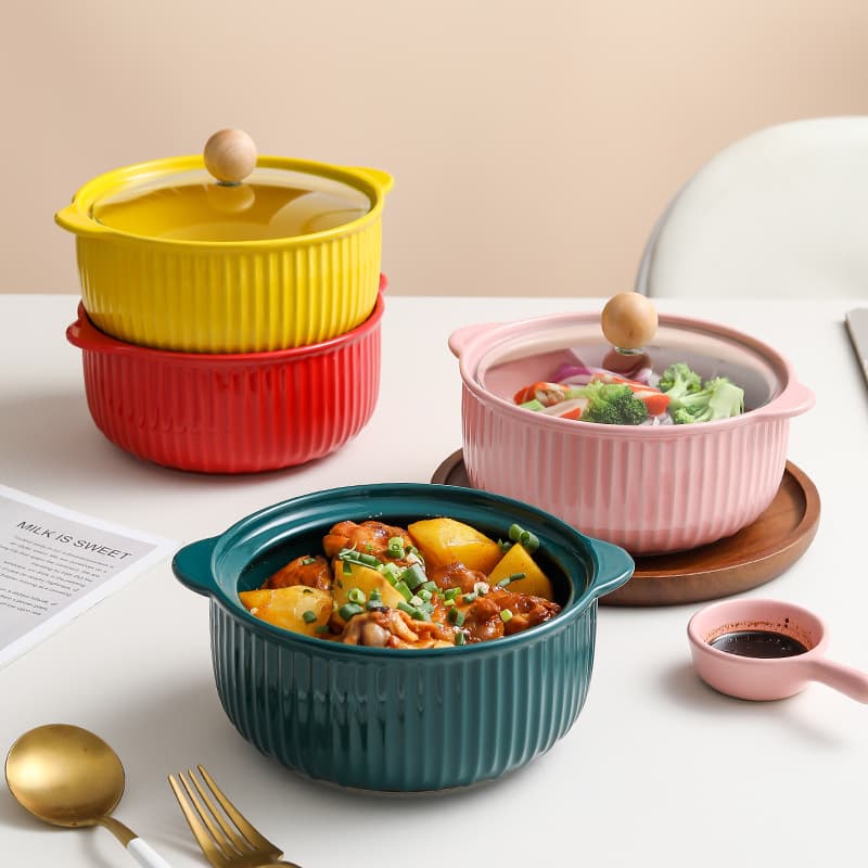 Noodle Bowl with Lid and Double Handles Ceramic Bowl, Household Salad Bowl, Large Soup Bowl, Nordic Style Tableware Wholesale